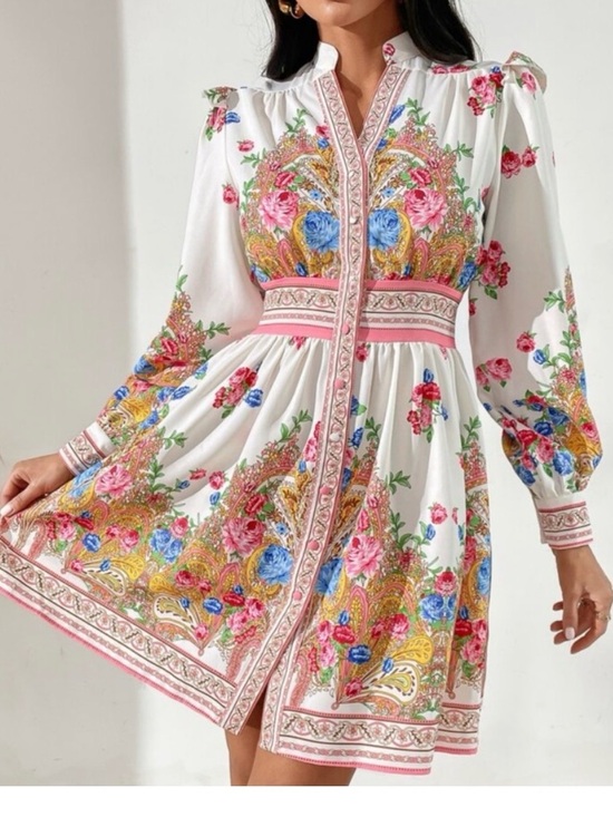 SHEIN Dresses & Skirts - SHEIN White Floral Paisley Mini Dress with Pink & Blue Accents
